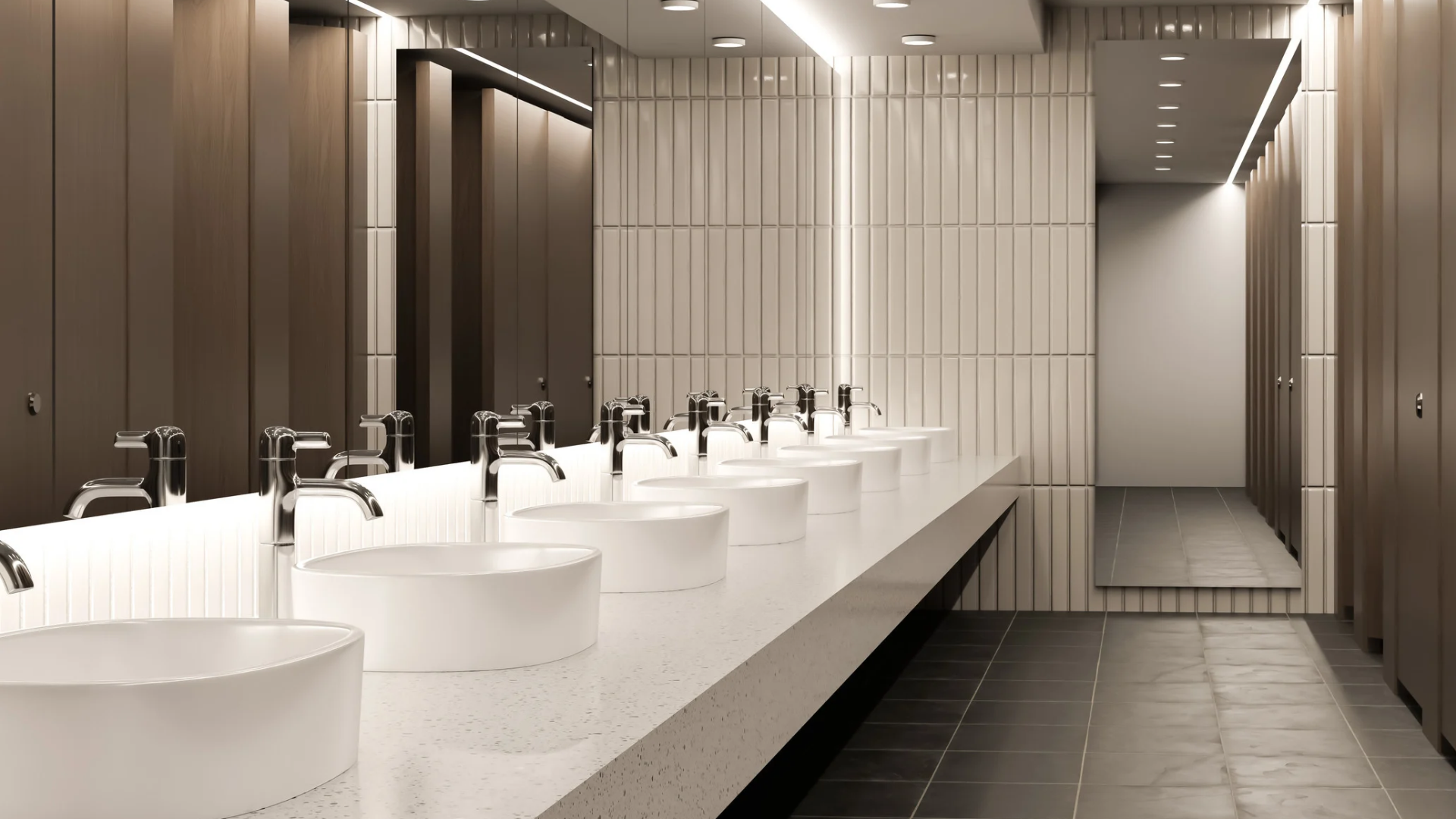Commercial space bathroom after a deep cleaning